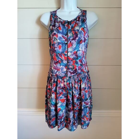 Theory Silk Watercolor Mini Dress Women's Size 0 Blue Sleeveless Side Pockets - Picture 14 of 16